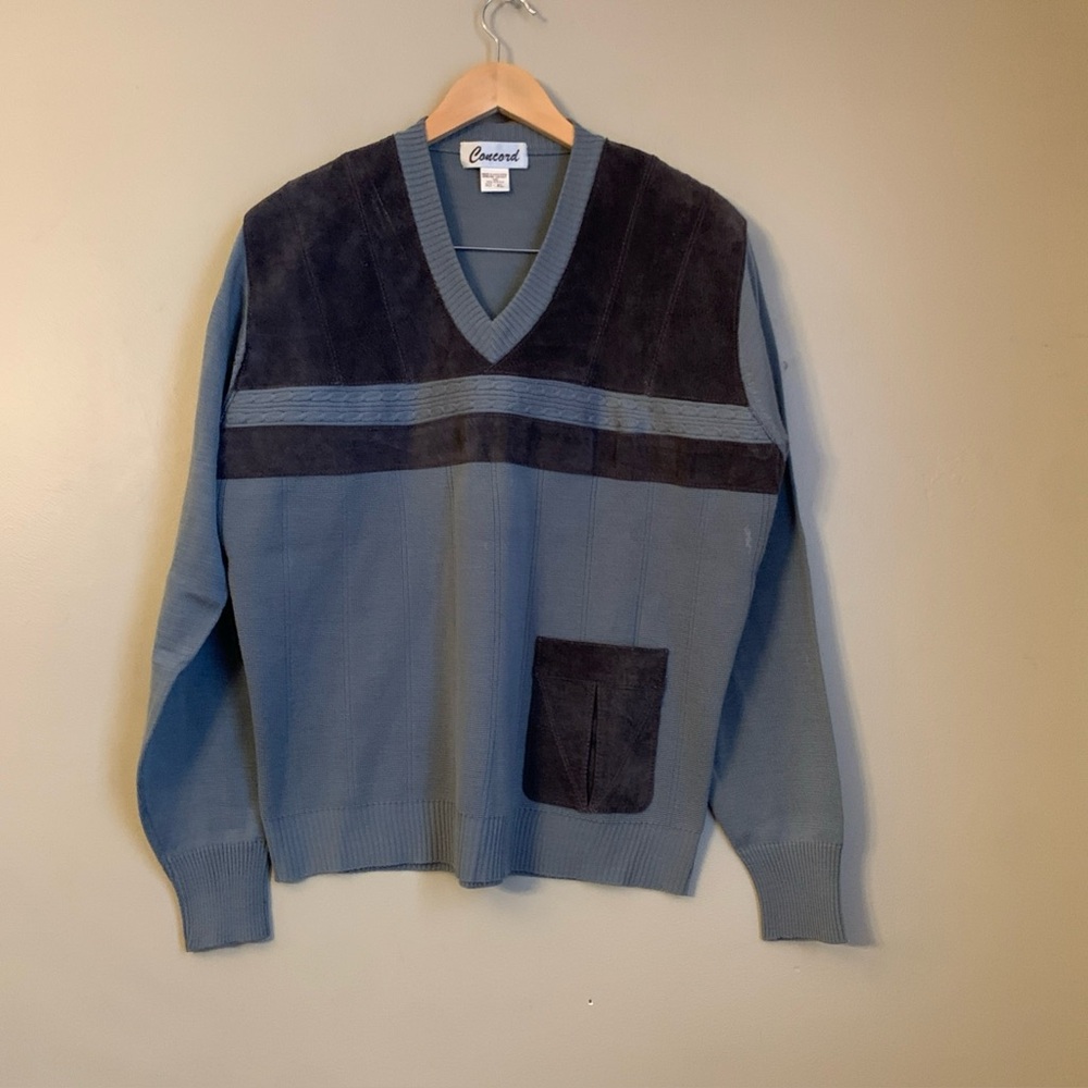 Vintage Concord Genuine Leather Trim Acrylic Knit Sweater V Neck Sz XL 70’s 80’l